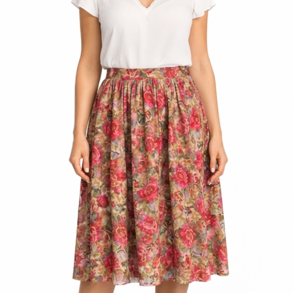 Caite Size M Floral Boho Midi Skirt 100% Rayon Artisan Made - Picture 4 of 10